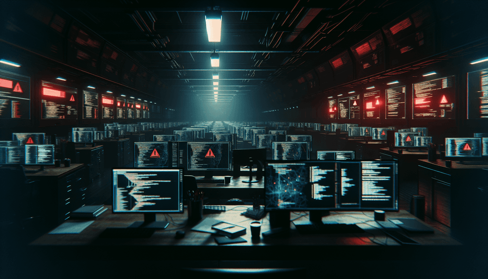Dark computer lab with glowing red security alerts on multiple monitors