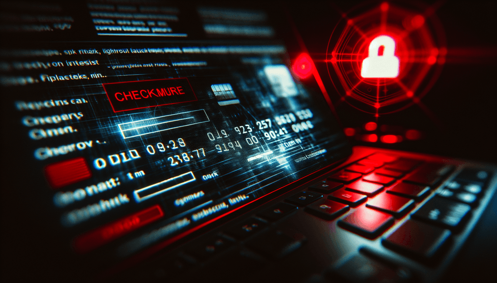 Computer screen showing e-commerce payment form with dramatic red lighting and security warning atmosphere