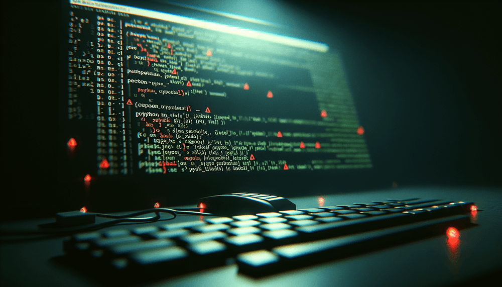 Computer screen showing Python code with security warning overlays and dramatic lighting