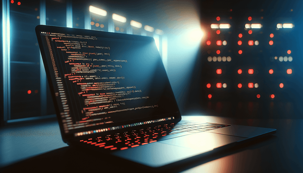 Laptop screen showing Python code with security warning indicators in dramatic lighting