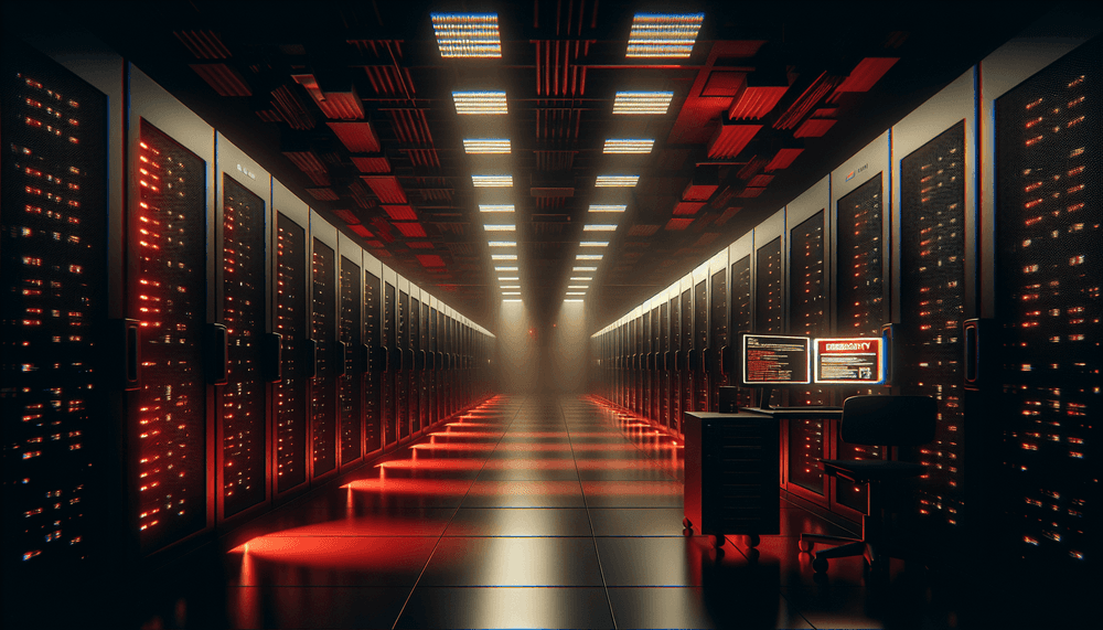 Dark data center with red emergency lighting and computer warning screens