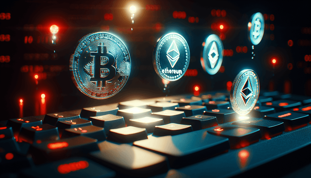 Cryptocurrency symbols floating above computer keyboard with red warning lighting