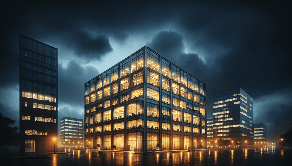 Modern office building with illuminated windows under stormy sky suggesting corporate vulnerability