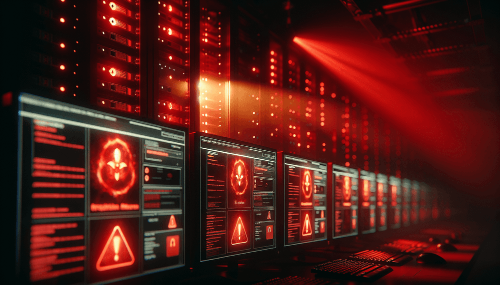 Computer screens showing ransomware encryption warnings in darkened server room with red emergency lighting