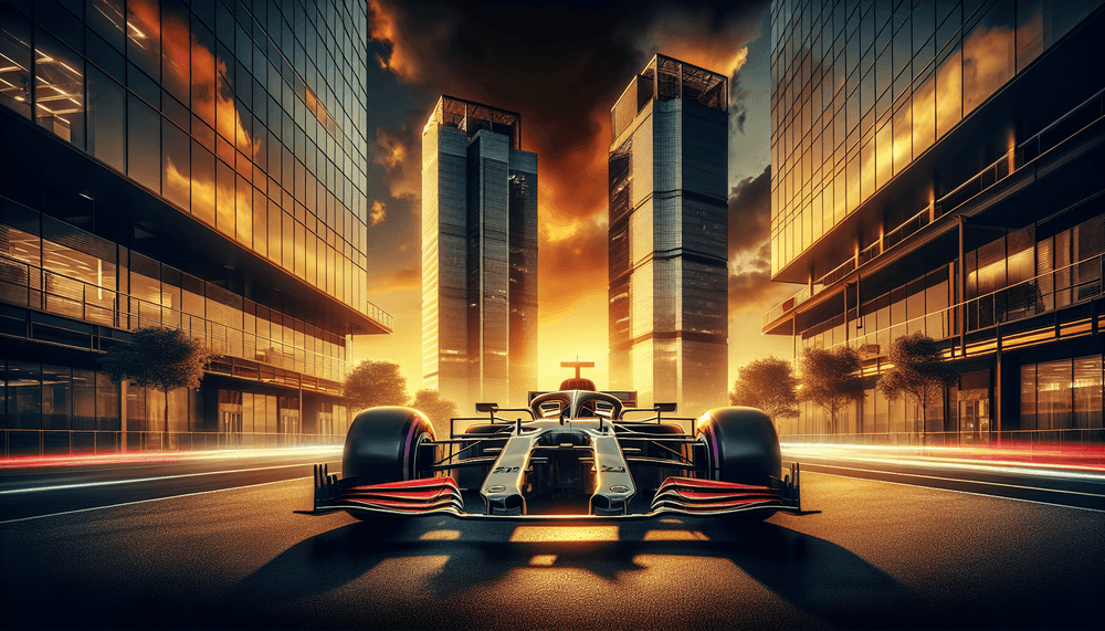 Two corporate buildings with Formula 1 race cars in foreground