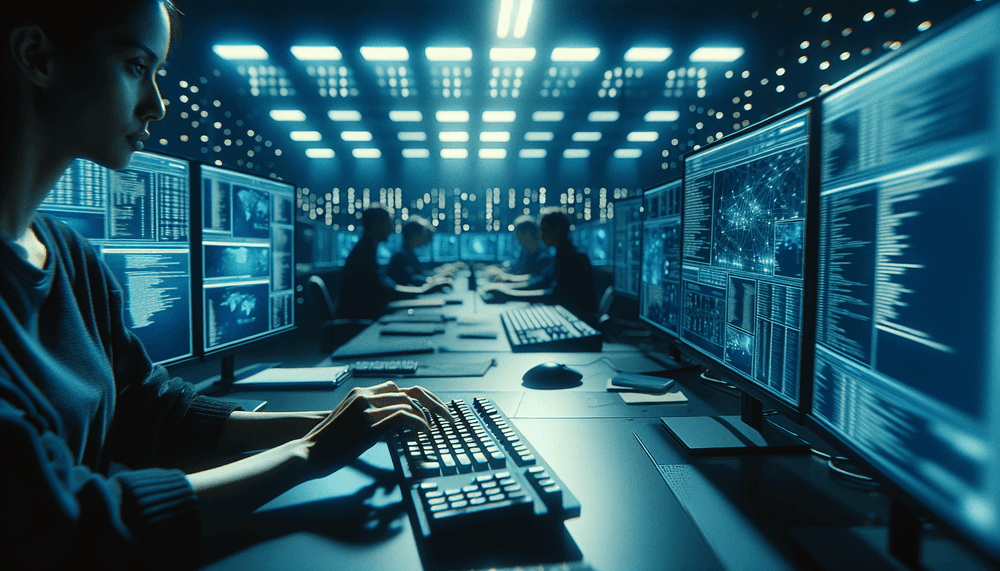 Cybersecurity researcher working at computer workstation with multiple monitors displaying security code