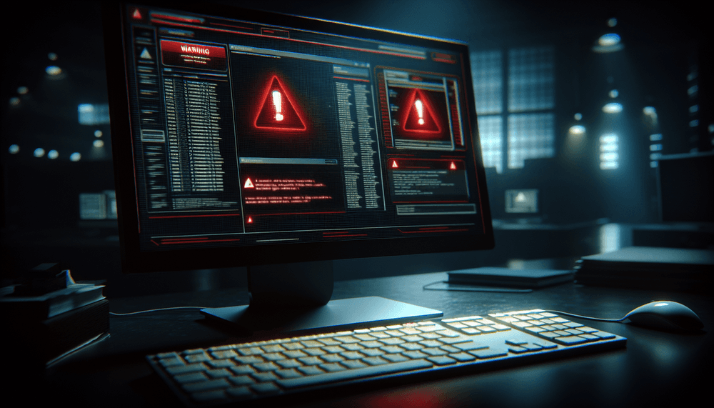 Computer monitor showing Windows Defender security alerts in darkened office setting