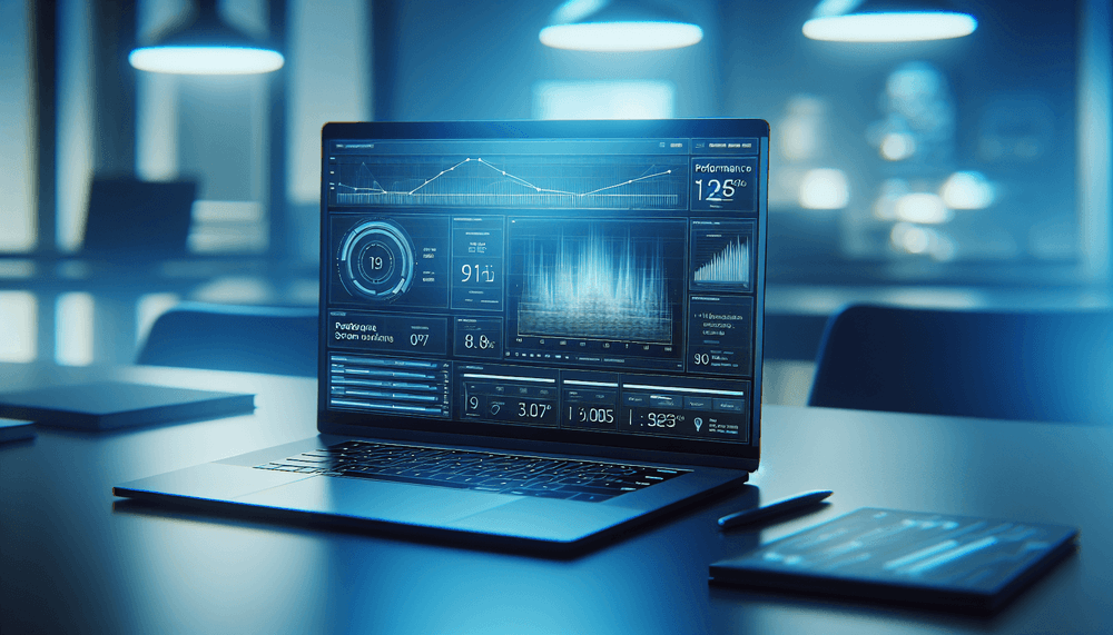 Laptop screen showing Windows 11 performance monitoring interface with system optimization metrics