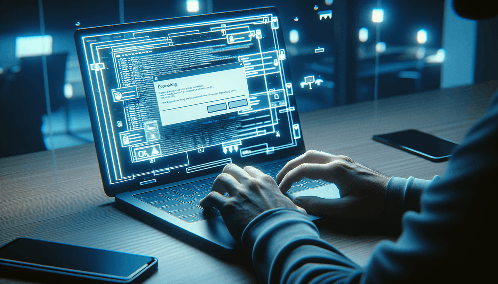 Laptop screen displaying Teams meeting error with hands on keyboard