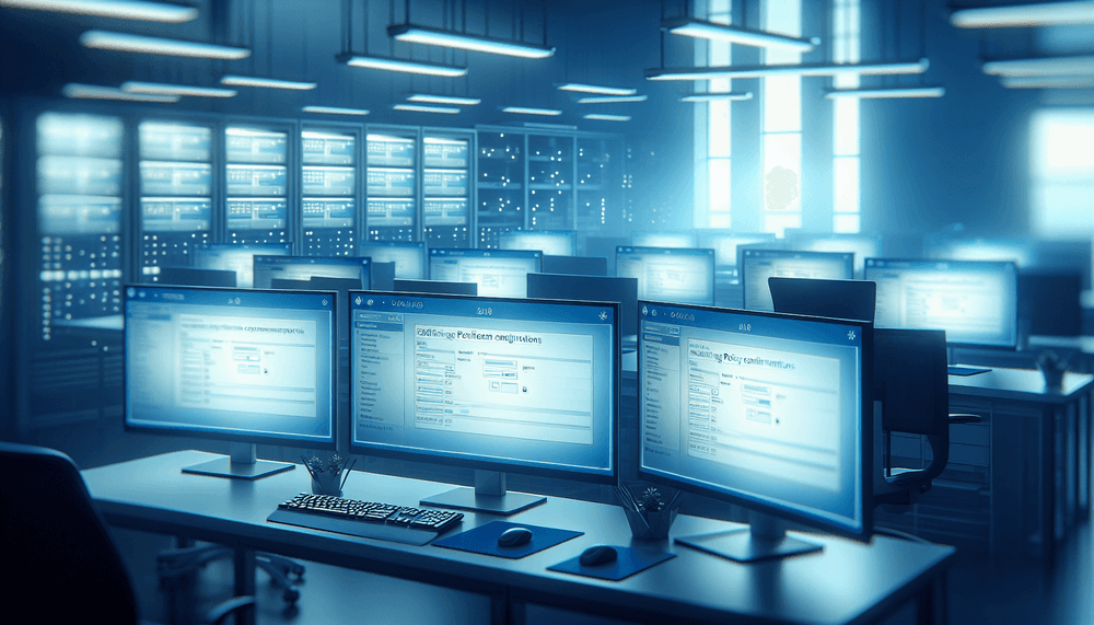 IT administrator configuring Group Policy settings on multiple computer monitors in modern office