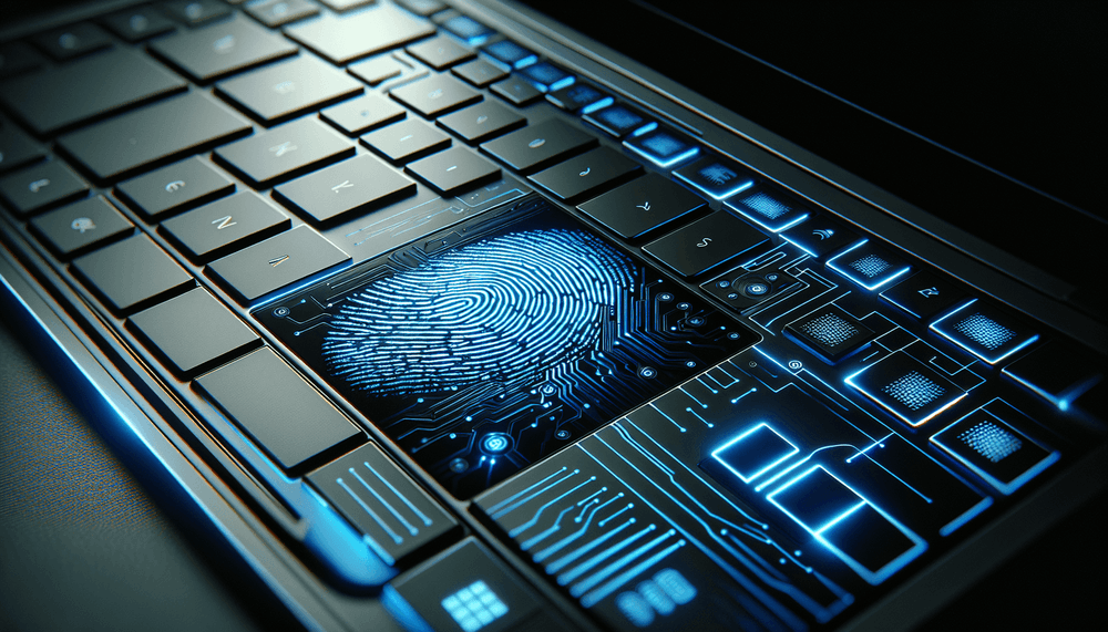 Laptop fingerprint scanner glowing blue on modern keyboard in professional setting