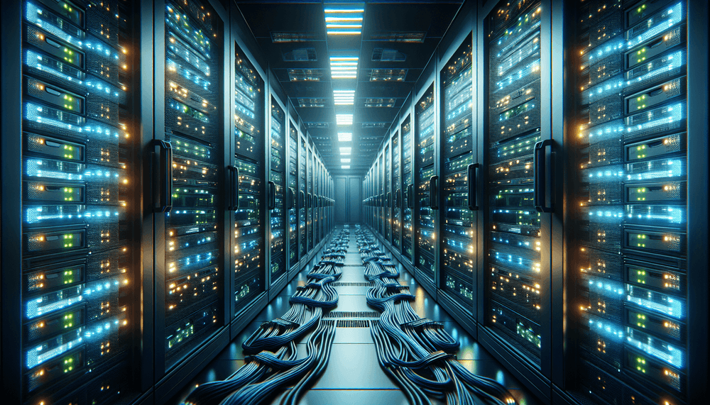 Server room with rack-mounted systems showing status indicator lights