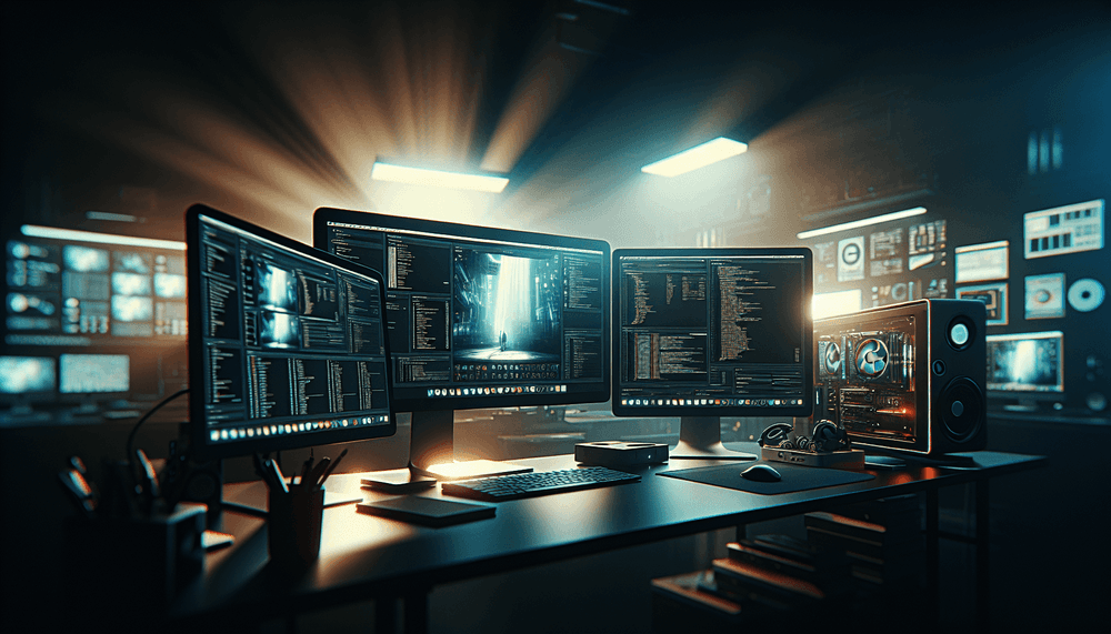 Three computer monitors showing different operating systems in modern workspace