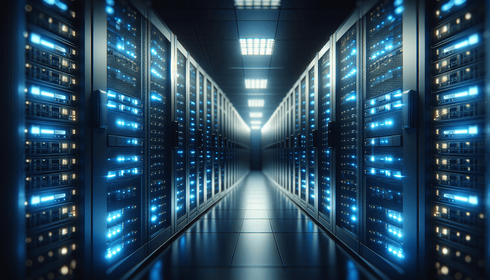Enterprise server room with blue LED lights and Windows hardware