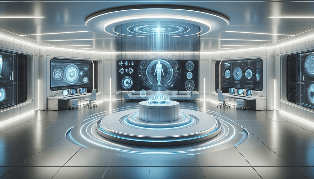 AI health assistant interface in modern medical setting with data visualizations