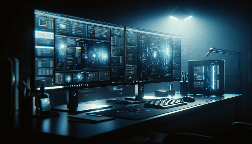 Modern desktop computer displaying Windows 11 interface on multiple monitors in professional workspace