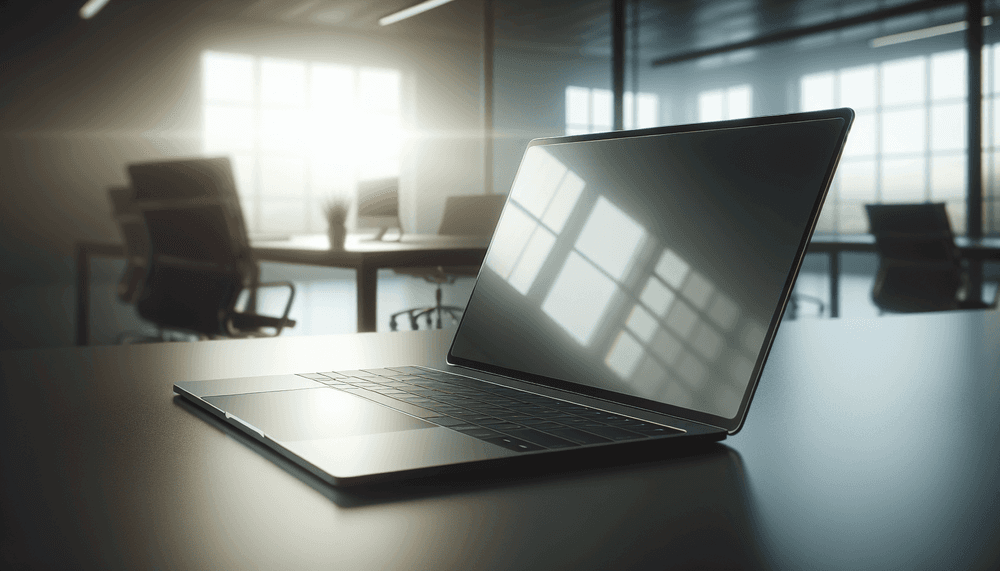 Microsoft Surface laptop on clean desk with natural lighting and blurred office background