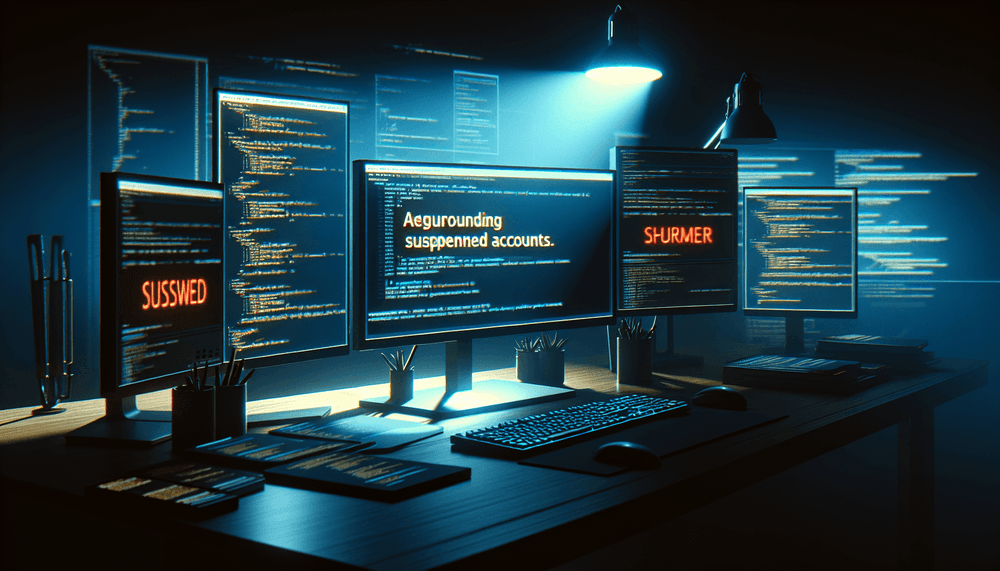 Developer workspace with multiple monitors showing suspended account notifications and code
