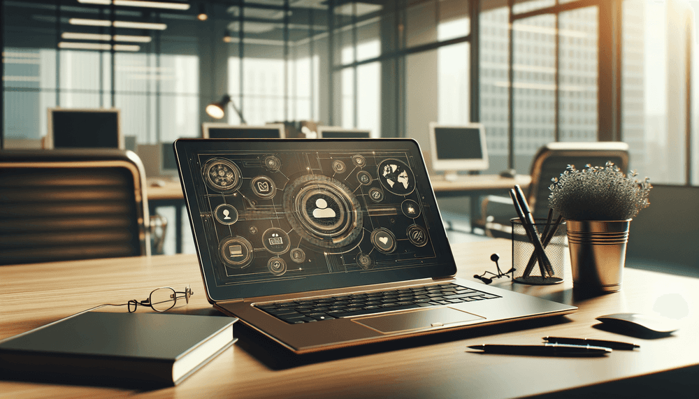 Business laptop running Microsoft Teams in modern office setting