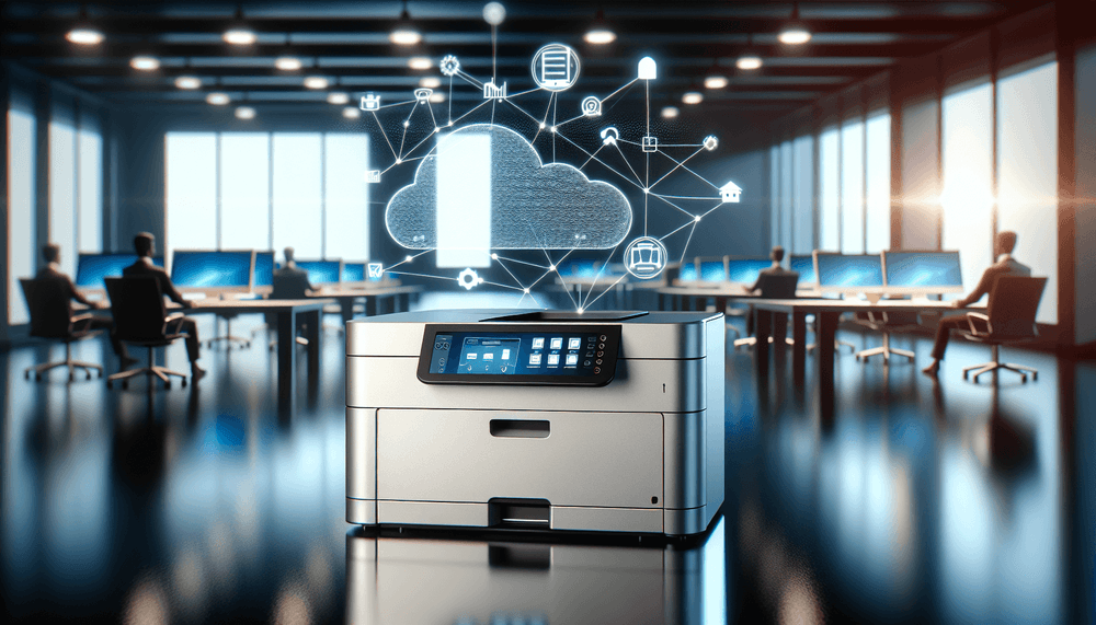 Network printer in modern office with blue ambient lighting