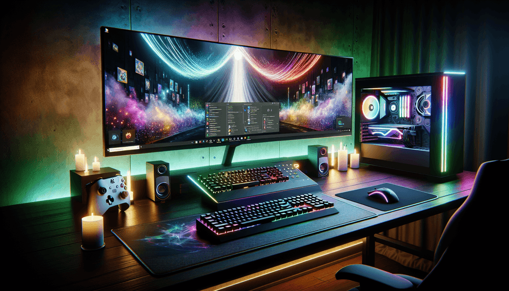 Gaming PC setup with Windows 11 Xbox Mode interface displayed on monitors