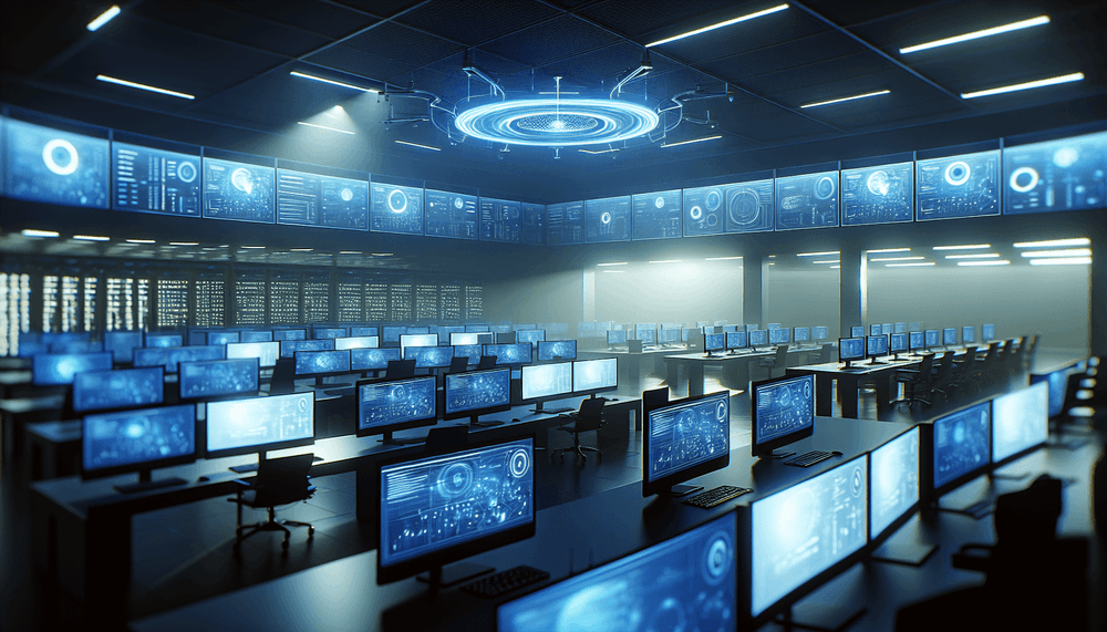 IT administrator workstation with multiple monitors showing Windows 11 management interfaces