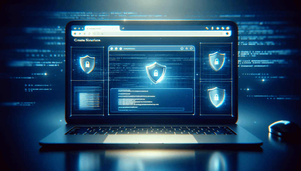 Computer screen showing Firefox browser with security shield symbols in blue lighting