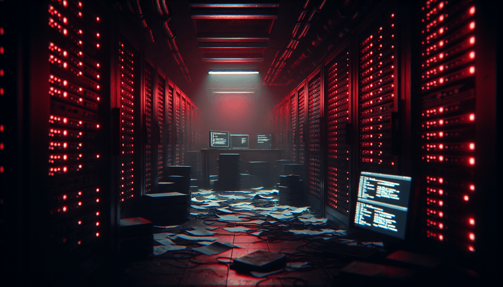 Dark server room with red emergency lighting and scattered medical documents