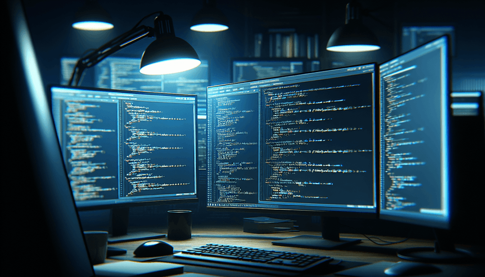 Developer workstation with multiple monitors showing code editors and development tools