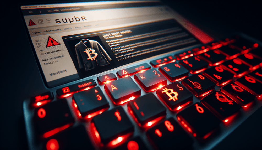 Computer screen showing fraudulent email with warning lighting and keyboard in shadows