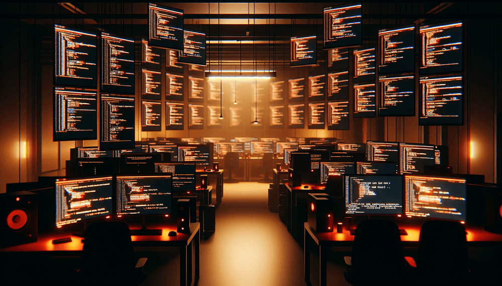 Multiple development screens showing code repositories with security warnings in dark workspace