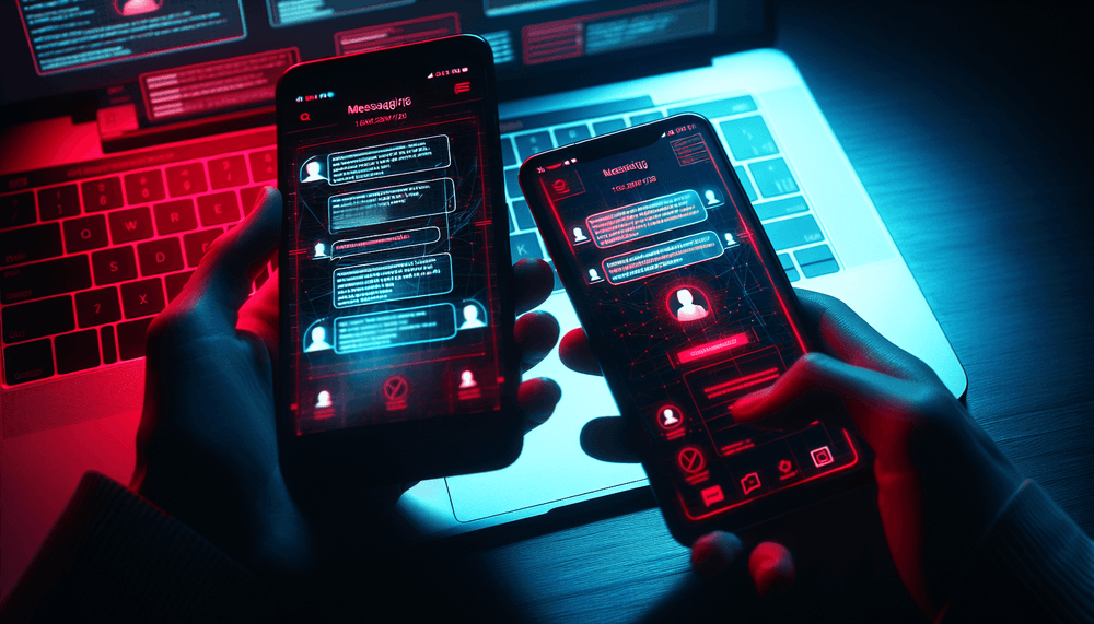 Smartphone and laptop showing messaging apps under dramatic lighting