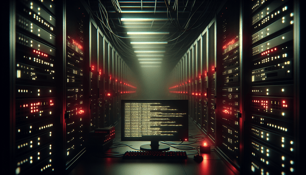 Dark server room with red warning lights and compromised terminal displaying malicious code