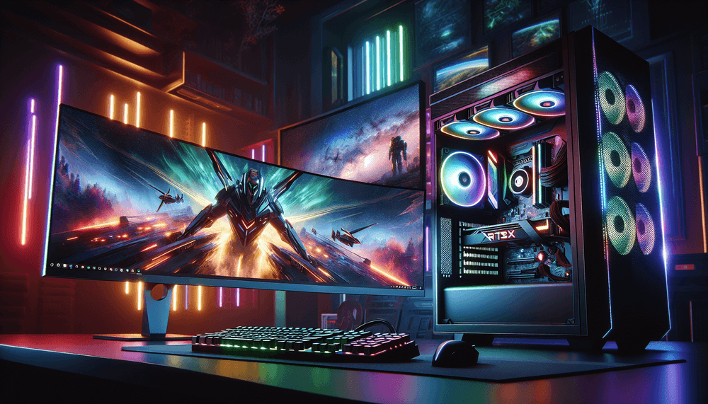 Gaming PC with RTX graphics card and multiple monitors showing enhanced game graphics