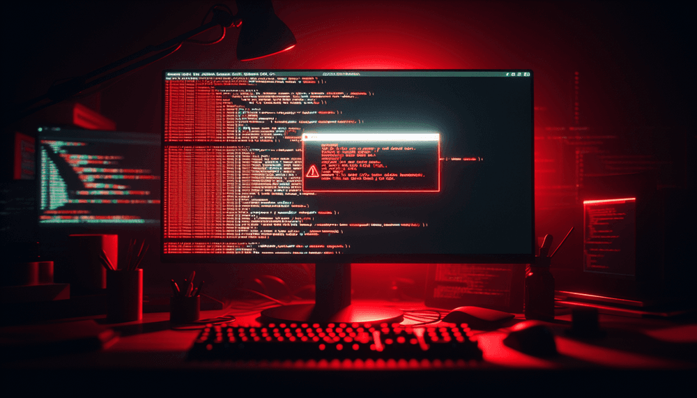 Computer screen showing VS Code with security warning dialog in dark development environment