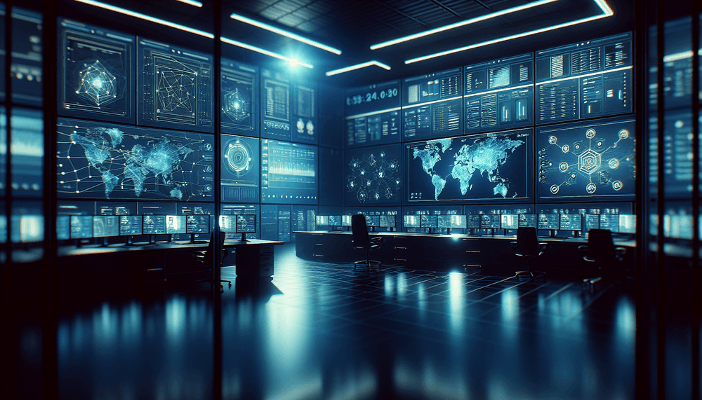 Modern cybersecurity operations center with multiple monitoring displays and blue ambient lighting