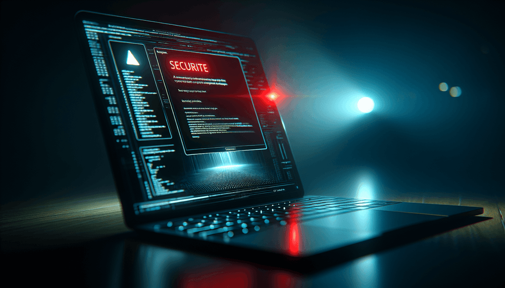 macOS security warning dialog on laptop screen with dramatic lighting