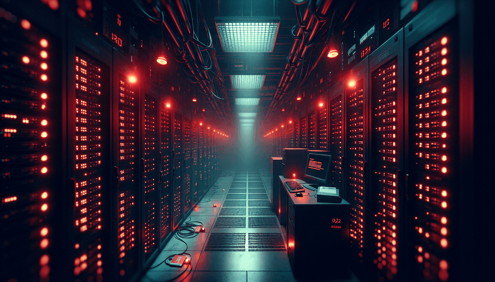 Hospital server room with red emergency lighting and security warning indicators