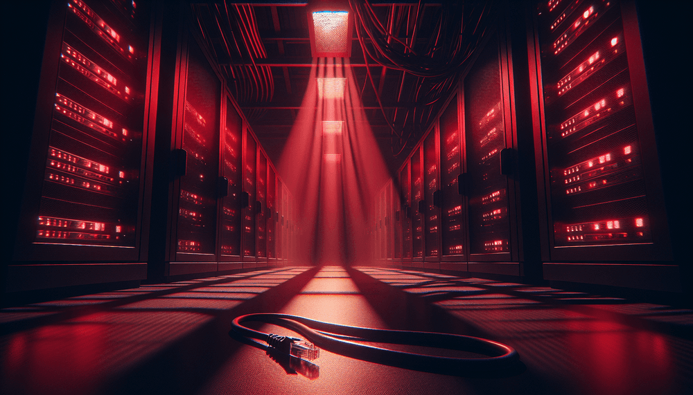 Dark server room with emergency lighting and disconnected network cables