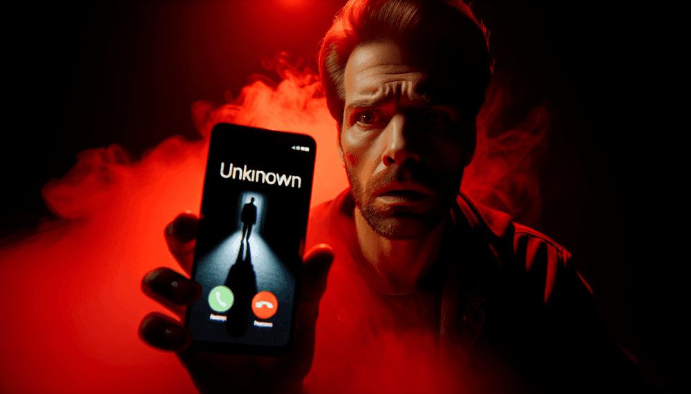 Smartphone showing incoming call with person looking concerned in dramatic lighting
