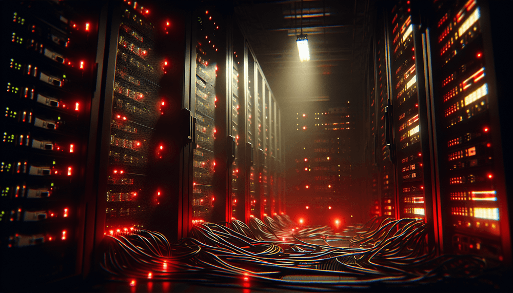 Server rack with red warning lights in dark data center environment