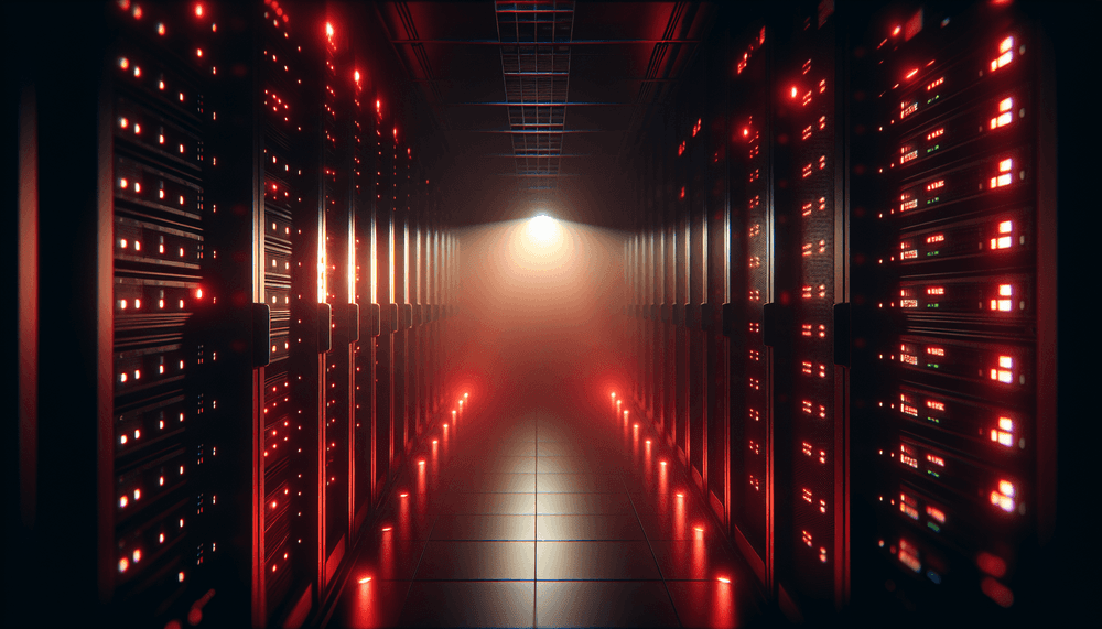 Dark server room with red emergency lighting highlighting server racks and glowing status indicators
