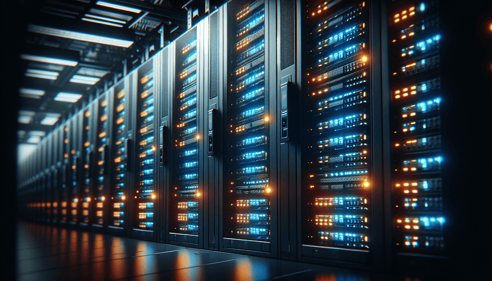 Server room with rack-mounted equipment and dramatic lighting suggesting cybersecurity threat