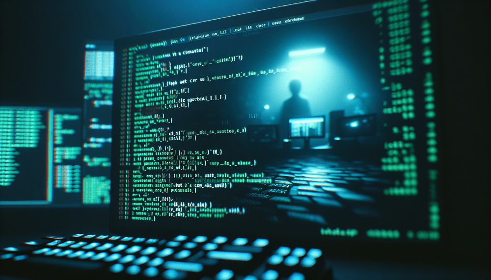 Linux terminal screen displaying scrolling code with dark atmospheric lighting