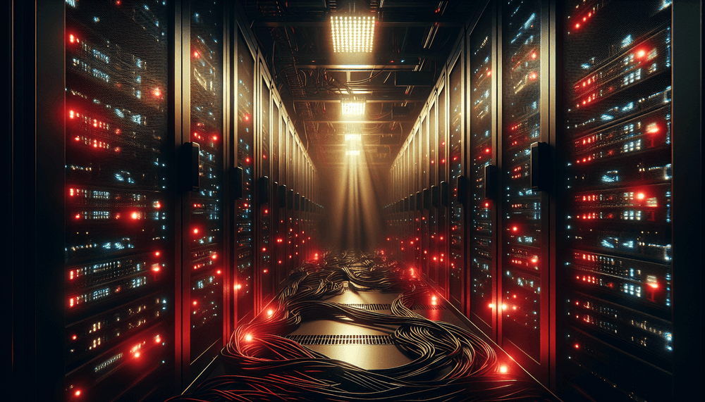 Dark server room with red warning lights and network equipment suggesting cybersecurity threat