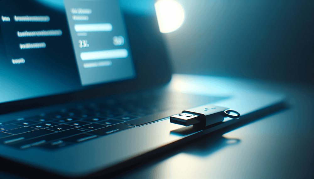 USB drive being inserted into laptop with Windows setup screen visible