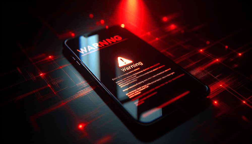 iPhone displaying security warning message under dramatic red lighting