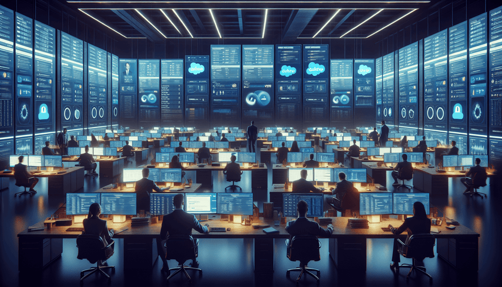 IT security team monitoring Salesforce security alerts on multiple screens
