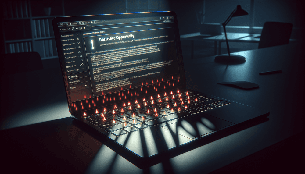 MacBook displaying suspicious job offer email with warning indicators in dark office setting