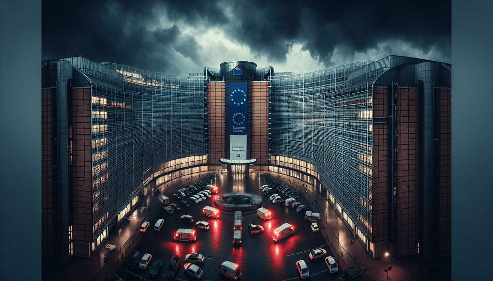 European Commission building with dramatic lighting and security presence